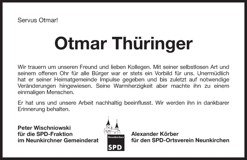  Traueranzeige für Otmar Thüringer vom 30.10.2014 aus Pegnitz-Zeitung